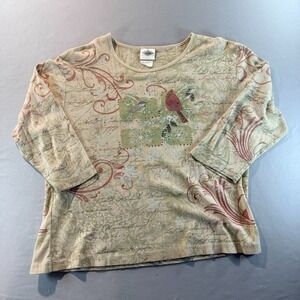 Studio Collection Bird Graphic Top Womens 2X Cottagecore Floral Script Tee